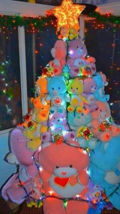 a christmas tree made out of stuffed animals