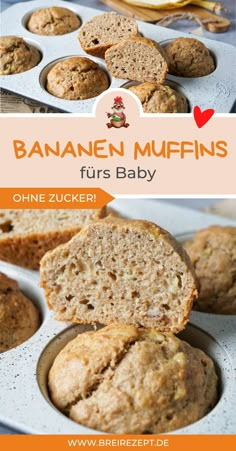 banana muffins in a muffin tin with text overlay that reads, one zuckeri baby