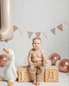 a baby sitting on blocks next to a stuffed duck and balloon with streamers in the background