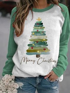 Crew Neck Casual Christmas Tree Sweatshirt Christmas Tree Print, Merry Christmas Tree, Watercolor Tree, Print Sweatshirt, Printed Sleeves, Tree Print, Print Pullover, Christmas Women, Casual Sweatshirt