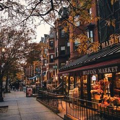 a city street lined with lots of buildings and trees in the fall time, during the day