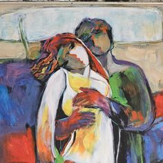 a painting of two people hugging each other