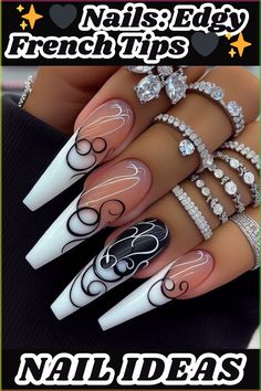 White Nail Tips With Design, Gel French Manicure Designs, White And Black Nails Design, Black And White Nails Designs, Black And White Nail Ideas, Nail Designs French, Black French Tip Nails, Nails Edgy, Nail Designs Bling