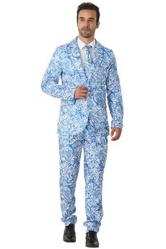 White and Blue Paisley Suit Suit Halloween Costume, Costume Party Outfit, Men Tuxedo, Bat Flower, Halloween Costume Suit, Funny Cosplay, Red Carpet Party, Halloween Costume Party, Boho Festival Fashion