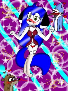 an image of a cartoon character with blue hair and red bra top, standing in front of a purple background