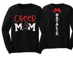 Glitter Cheer Mom Shirt | Cheer Shirt | Cheer Bling | Cheer Spirit Wear | Long Sleeve Shirt | Customize Colors PLEASE READ BEFORE ORDERING WE CANNOT RUSH ORDERS OR CREATE NEW DESIGNS DURING PEAK SEASON AUG - MAY. IF YOU NEED TO CANCEL PLEASE DO SO WITHIN 24HRS Please read full description before ordering we cannot be responsible for mistakes made by not reading the full description. ORDERING INSTRUCTIONS: 1. Select your Garment Size/Color Each size must be selected separately. Please do NOT leav Black Glitter Print Tops For Cheerleading, Black Glitter Long Sleeve Top, Long Sleeve Cotton Tops With Glitter Print, Cotton Cheerleading Top With Glitter Print, Long Sleeve Graphic Print Cheerleading Top, Long Sleeve Graphic Print Tops For Cheerleading, Cotton Tops With Glitter Print For School Spirit, Cheer Spirit Wear, Soccer Dad Shirt