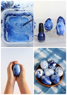 blue and white marbles are being used as decorations