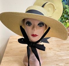 This 5 inch brim Soft Toyo straw Gambler Style crown Sun hat has a black under chin tie ribbon which is removable if you would like to change out the ribbon. The hat has an  elastic tie in the crown for sizing and the removable ribbon is easy to change to match your outfit. Scarves also look good instead of ribbon. The hat will fit up to 22 5/8 inch head sizes. NOTE: Please check the head size before purchase, I am happy to answer any questions you may have. There will be a 20% restocking fee fo Adjustable Boater Hat With Ribbon And Short Brim, Adjustable Ribbon Sun Hat For Kentucky Derby, Adjustable Straw Hat With Ribbon For Kentucky Derby, Adjustable Brimmed Boater Hat With Ribbon, Adjustable Wide Brim Straw Hat With Ribbon, Vacation Hat, Garden Bridal Showers, Garden Baby Showers, Tie Ribbon