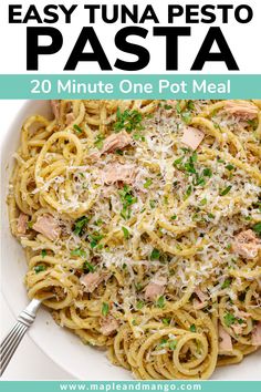 This quick and easy tuna pasta with pesto recipe is so simple yet absolutely delicious! It's the perfect dinner for those busy weeknights - a one pot meal that is ready in 20 minutes. | www.mapleandmango.com Recipes Tuna, Lemon Pesto