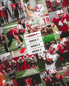 a collage of photos with football players and numbers on the sidelines in red and white