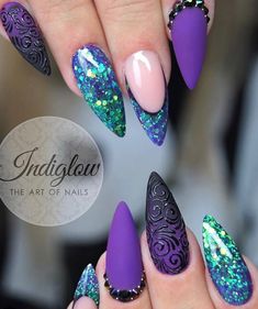 Purple Fancy Nails, Deep Purple Nail Art, Mermaid Purple Nails, Alexandrite Nails, Purple Turquoise Nails, Turquoise Nails With Glitter, Purple And Turquoise Nails, Purple Stiletto Nails Design, Purple Mermaid Nails