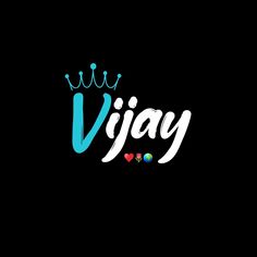 the word vijay is written in white and blue letters on a black background