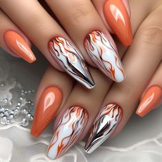 Red And Orange Nails Design, New Job Nails, Orange And Purple Nail Designs, Fire Nail Art Design, Fall Nail Designs Orange, Orange Gel Nail Designs, Fall November Nails, Pretty Fall Nails Autumn, Autumn Nails 2024