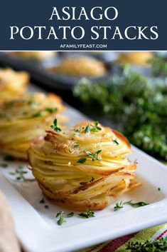 potato stacks on a plate with the title above it