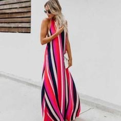 Backless Halter Maxi Dress With Tie At Night Nwot Tts Lined Vici Dress, Mauve Blush, Colorful Maxi Dress, Vici Collection, Halter Maxi Dress, Halter Maxi, Vestidos Vintage, Halter Maxi Dresses, Striped Maxi Dresses