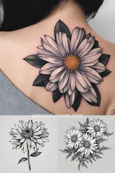 the back of a woman's neck with flowers and leaves tattoo design on it