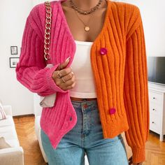 Orange Sherbet Sweater Buffalo Plaid Cardigan, Drop Shoulder Cardigan, Orange Sherbet, Winter Fashion Outfits Casual, Rib Knit Cardigan, Knitting Women Cardigan, Crochet Coat, Cropped Cardigan Sweater, Color Block Cardigan