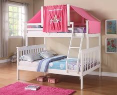 Liliana White Twin over Full Bunk Bed with Pink Tent Custom Kids Furniture Bunk Bed Tent, Girls Bunk Beds, Pink Tent, White Bunk Beds, Twin Over Full Bunk Bed, Bunk Beds With Stairs, Low Loft Beds, Full Bunk Beds, Bed Tent