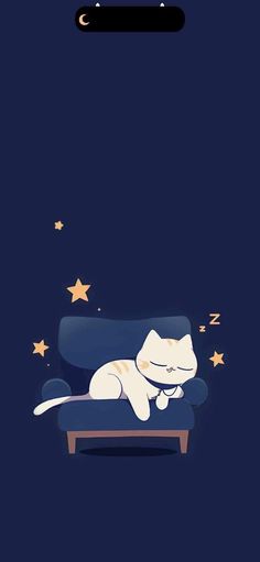 a cat laying on top of a blue couch under a sky with stars and moon