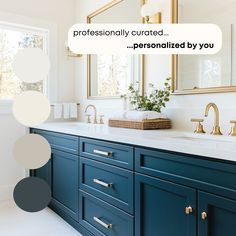 a bathroom with blue cabinets and white counter tops that says professionally crafted personalized by you