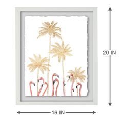 a white frame with three pink flamingos and two palm trees in the background, measurements for