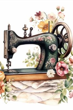 an old sewing machine with flowers painted on it's side and behind it is a white background