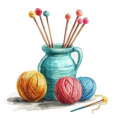 watercolor painting of yarn and crochet needles in a vase with balls of yarn