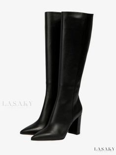 Lasaky - Classic Womens Knee High Boots with Pointed Toe and Chunky Heel for Elegant Style and Comfort Luxury Wide Calf Black Heeled Boots, Luxury Tall Heeled Boots For Work, Luxury Black Heeled Boots For Wide Calf, Heels Boots Knee, Chunky Heel Booties, Pu Boots, Winter Heels, Knee Length Boots, Womens Chunky Heels