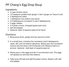 an egg drop soup recipe is shown in the form of a chart with instructions for how to make it