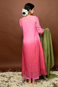 Pink silk kurta with placed threadwork blossom motifs and pintucked bodice on an ombre base. Comes with pant, inner and dupatta. - Aza Fashions Spring Pink Kurta With Embroidered Sleeves, Traditional Sets With Yoke For Spring, Traditional Spring Set With Yoke Detail, Kurta And Dupatta, Pink Thread, Women Kurta, Silk Kurta, Straight Kurta, Kurta With Pants