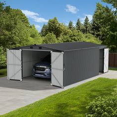 a car is parked in the garage with its door open