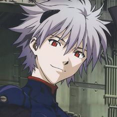 an anime character with white hair and red eyes looking to the side in front of a cage