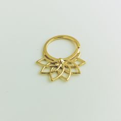 "Unique Large Lotus Shaped Septum Ring, Made of 14k Solid Yellow/Rose Gold, Tribal Style, 16g, Handmade Piercing Jewelry. Ramp-up your fashion statement factor and get yourself unique septum jewelry! This septum ring is made of high-quality 14k solid gold, lead-free & nickel free. Spice up your jewelry collection with this awesome septum ring. Add some edge and whimsical touch to your personality. Product Details: * One septum ring. * Made of 14k solid yellow/rose gold (selection). * Nickel Gold Sterling Silver Septum Ring As Gift, Gold Ring With Flower Charm Jewelry, Elegant 14k Gold Septum Ring, Gold Spiritual Septum Ring Gift, Adjustable Gold Elegant Septum Ring, Elegant Gold Septum Ring, Handmade Gold Bohemian Septum Ring, Unique Septum Jewelry Gold, Septum Jewelry