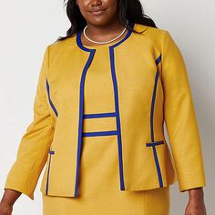 This suit jacket from Black Label by Evan-Picone women's plus collection swaps traditional lapels for an elegant crew neckline for a sophisticated update to classic tailoring. Made from a smooth warm gold fabric with blue trim, this blazer has an open front, long sleeves with slits at the cuffs, and side slip pockets. Layer over the coordinating dress and heels or jeans.Front Style: Single BreastedFeatures: PipedClosure Type: Open FrontFit: Classic FitPockets: 2 Front Slip PocketsSleeve Length: Long SleeveSleeve Style: Vent SleeveApparel Length: 25 InchesFiber Content: 100% PolyesterFabric Description: MelangeLining: LinedLining Material: PolyesterCare: Dry Clean OnlyCountry of Origin: Imported Classic Tailoring, Suit Jackets For Women, Character Inspo, Blue Trim, Gold Fabric, Business Suit, Dress And Heels, Suit Jackets, Black Label