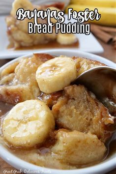 banana fosterer bread pudding in a white bowl with spoon and bananas on the side