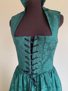 Hunter Green Damask Irish Renaissance Over Gown Dress Made to | Etsy Fitted Green Dress With Boned Bodice, Green Fitted Dress With Boned Bodice, Green Dress With Corset Back And Fitted Bodice, Green Dresses With Boned Fitted Bodice, Green Dresses With Boned Bodice, Green Dress With Fitted Bodice, Fitted Green Corset Dress For Costume Party, Fitted Bodice Green Corset Dress, Green Dress With Fitted Bodice For Costume