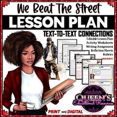 an image of a woman holding a book with the title we beat the street lesson plan text - to - text connections