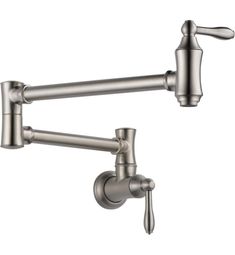 a kitchen faucet with two handles and nozzles in stainless steel finish