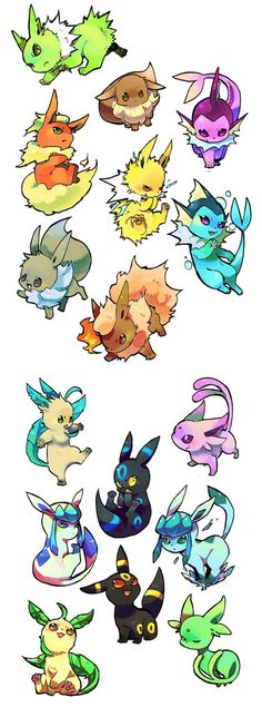 the pokemon characters are all different colors and sizes