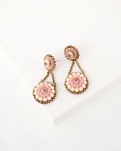 Vintage style beaded statement earrings in peach/coral, pink and gold color combination. Each bead is hand stitched very precisely to create this luxury beaded jewelry. Very unique, classic, dramatic and feminine Medium sized and light weight Hand embroidered front and smooth suede back Pretty jewelry to elevate special occasion, wedding guest, bridal and bridesmaids dresses Earrings can become unique gift for someone special Material: Pink opal beads, Seed beads, Austrian glass beads, suede, br Gold Color Combination, Coral And Gold, Vintage Style Wedding, Pretty Jewelry, Opal Beads, Style Pink, Beaded Dangle Earrings, Unique Christmas Gifts, Bridesmaids Dresses