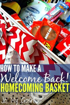 a basket filled with personal items and the words, how to make a welcome back home - coming basket