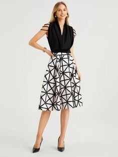 Regular Fit Elegant Geometric Midi Skirt | stylewe Black Geometric Pattern Sleeveless Dress, Black Sleeveless Dress With Geometric Pattern, Elegant Knee-length Geometric Pattern Dress, Elegant Knee-length Dress With Geometric Pattern, Black Sleeveless Dress With Lined Skirt, Party Dress With Geometric Pattern And V-neck, V-neck Party Dress With Geometric Pattern, Black Dresses With Geometric Pattern For Party, Black Party Dress With Geometric Pattern