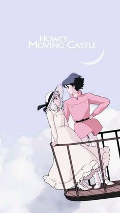 two people standing on top of a balcony next to each other with the caption how's moving castle?