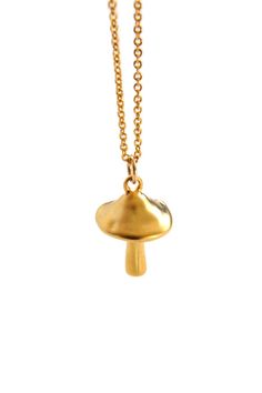 A long mushroom pendant necklace with a delicate 14K/20 gold-filled flat cable chain. The small gold plated brass mushroom pendant measures 11mmx15mm. The necklace has a 33" length chain with a spring ring clasp. Details: Detailed mushroom pendant necklace Small gold plated brass mushroom pendant / 11mmx15mm 14k/20 gold-filled flat cable chain 5.9mm spring ring clasp 33” total chain length Designed & assembled in the USA from imported materials. Long Mushroom, Aura Necklace, Clay Inspo, Mushroom Necklace, Mushroom Pendant, Tassel Bracelet, Hand Screen Printed, Dream Jewelry, Contemporary Jewelry