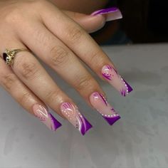 Purple 90s Nails, Purple Bday Nails, 90s Nails Short, Y2k Purple Nails, Purple Nail Sets, Purple Short Acrylic Nails, 2000s Nails Acrylic Y2k, 20th Birthday Nail Ideas, Purple Acrylic Nails Designs