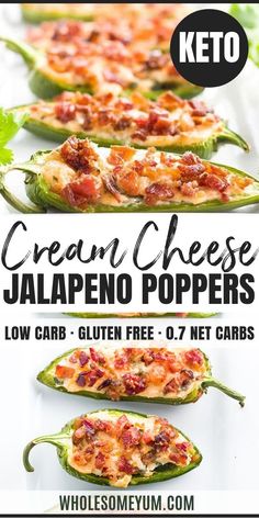 three different types of cheese stuffed jalapeno peppers with text overlay that reads, cream cheese jalapeno poppers low carb