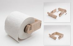 three pictures of different types of toilet paper in the shape of wooden blocks and brackets