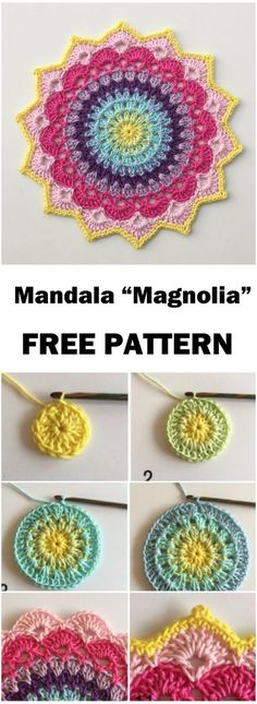 the instructions for crochet is shown in four different colors, including pink, yellow and