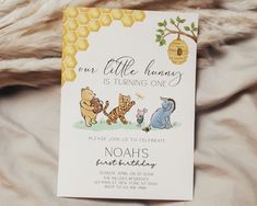 a winnie the pooh birthday party with honeycombs and other animals on it