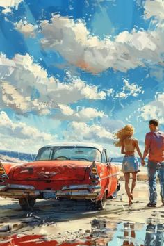 A couple walks towards a classic red car under a bright, cloudy sky. Road Trip Questions For Couples, Road Trip Questions, Planning A Road Trip, Dare Questions, Interesting Conversation